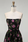 Black Pink Corset Strapless Floral Midi Bridesmaid Dress