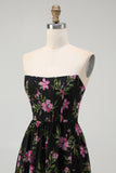 Black Pink Corset Strapless Floral Midi Bridesmaid Dress