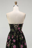 Black Pink Corset Strapless Floral Midi Bridesmaid Dress