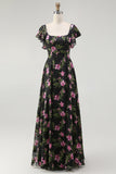 Black Pink Chiffon Maxi Floral Bridesmaid Dress with Sleeves
