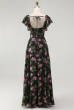Black Pink Chiffon Maxi Floral Bridesmaid Dress with Sleeves