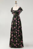 Black Pink Chiffon Maxi Floral Bridesmaid Dress with Sleeves
