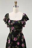 Black Pink Chiffon Maxi Floral Bridesmaid Dress with Sleeves