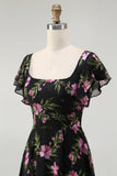 Black Pink Chiffon Maxi Floral Bridesmaid Dress with Sleeves
