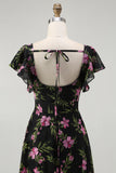Black Pink Chiffon Maxi Floral Bridesmaid Dress with Sleeves