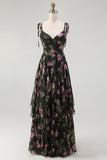 Black Pink Floral Chiffon V-Neck Long Bridesmaid Dress