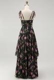 Black Pink Floral Chiffon V-Neck Long Bridesmaid Dress