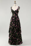 Black Pink Floral Chiffon V-Neck Long Bridesmaid Dress