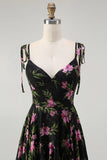 Black Pink Floral Chiffon V-Neck Long Bridesmaid Dress