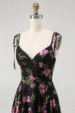 Black Pink Floral Chiffon V-Neck Long Bridesmaid Dress