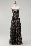 Black Pink Floral Chiffon Spaghetti Straps Maxi Bridesmaid Dress