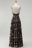 Black Pink Floral Chiffon Spaghetti Straps Maxi Bridesmaid Dress