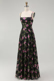 Black Pink Floral Chiffon Spaghetti Straps Maxi Bridesmaid Dress