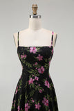 Black Pink Floral Chiffon Spaghetti Straps Maxi Bridesmaid Dress