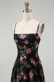 Black Pink Floral Chiffon Spaghetti Straps Maxi Bridesmaid Dress