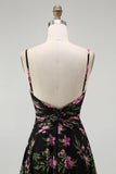Black Pink Floral Chiffon Spaghetti Straps Maxi Bridesmaid Dress