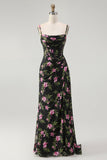Black Pink Corset Chiffon Floral Long Bridesmaid Dress with Side Cape