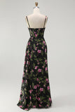 Black Pink Corset Chiffon Floral Long Bridesmaid Dress with Side Cape