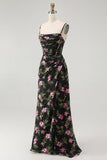 Black Pink Corset Chiffon Floral Long Bridesmaid Dress with Side Cape