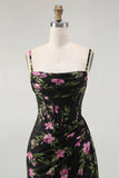 Black Pink Corset Chiffon Floral Long Bridesmaid Dress with Side Cape