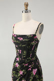 Black Pink Corset Chiffon Floral Long Bridesmaid Dress with Side Cape