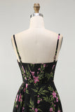 Black Pink Corset Chiffon Floral Long Bridesmaid Dress with Side Cape