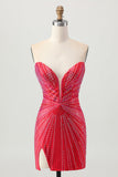 Sparkly Red Beaded Tight Short Cocktail Dress with Slit