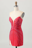 Sparkly Red Beaded Tight Short Cocktail Dress with Slit