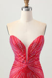 Sparkly Red Beaded Tight Short Cocktail Dress with Slit