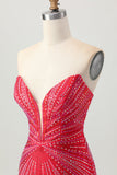 Sparkly Red Beaded Tight Short Cocktail Dress with Slit