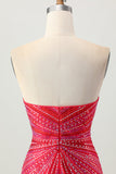 Sparkly Red Beaded Tight Short Cocktail Dress with Slit