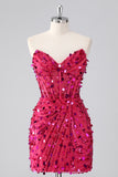 Sparkly Fuchsia Corset Bodycon Sweetheart Short Cocktail Dress with Sequins