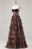 Brown Leopard A Line Sweetheart Tiered Long Corset Prom Dress