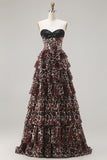 Brown Leopard A Line Sweetheart Tiered Long Corset Prom Dress