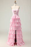Sparkly Pink Ruffled Strapless Maxi Prom Dress with Keyhole