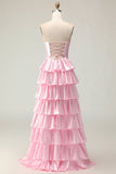 Sparkly Pink Ruffled Strapless Maxi Prom Dress with Keyhole