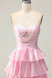 Sparkly Pink Ruffled Strapless Maxi Prom Dress with Keyhole