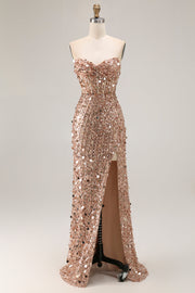 Sparkly Champagne Corset Sequins Sweetheart Long Prom Dress with Slit