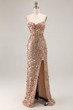 Sparkly Pink Beaded Mermaid Long Corset Prom Dress with Slit