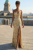 Sparkly Golden Sequin Sweetheart Maxi Corset Prom Dress with Slit