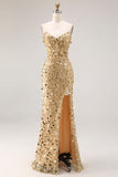 Sparkly Golden Mermaid Backless Beaded Long Corset Prom Dress with Slit
