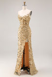 Sparkly Golden Mermaid Backless Beaded Long Corset Prom Dress with Slit