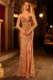Golden Corset Sparkly Sequins Sweetheart Long Prom Dress with Slit