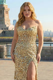 Sparkly Golden Sequin Sweetheart Maxi Corset Prom Dress with Slit