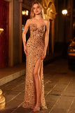 Golden Corset Sparkly Sequins Sweetheart Long Prom Dress with Slit