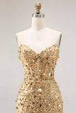 Sparkly Golden Mermaid Backless Beaded Long Corset Prom Dress with Slit
