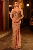 Golden Corset Sparkly Sequins Sweetheart Long Prom Dress with Slit