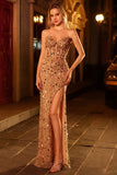 Golden Corset Sparkly Sequins Sweetheart Long Prom Dress with Slit