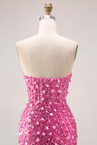 Sparkly Pink Beaded Mermaid Long Corset Prom Dress with Slit