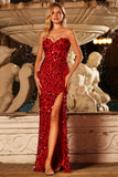 Sparkly Red Sequin Mermaid Sweetheart Maxi Corset Prom Dress with Slit
